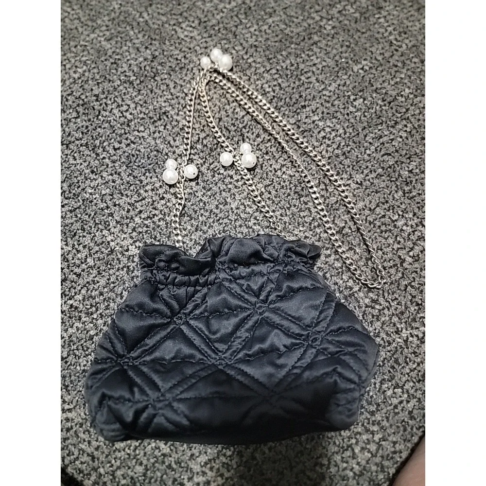 black‎ satin drawstring pouch gold-toned chain strap adorned with pearls elegant
